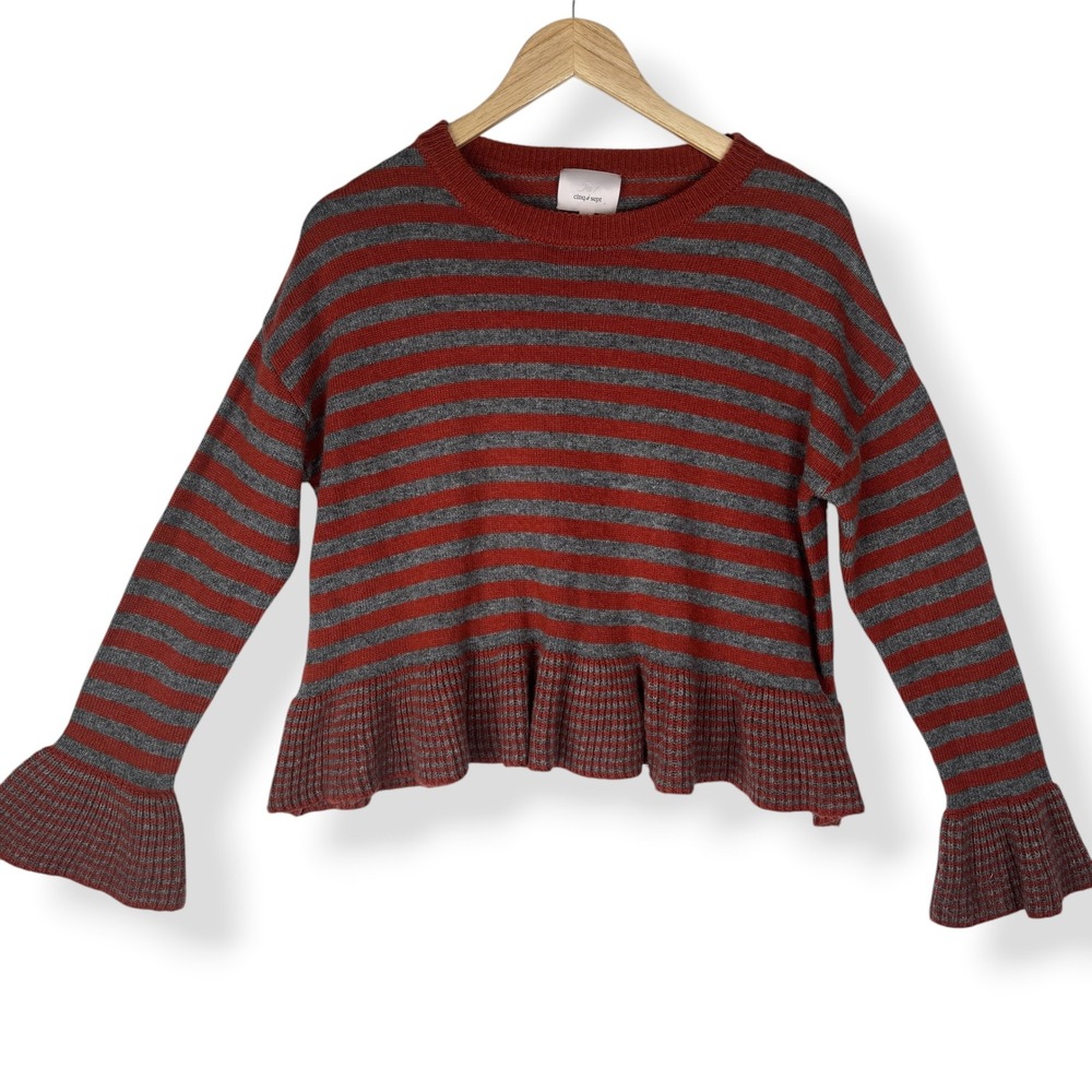 Cinq a Sept Seren Sweater Womens Size XS Preppy Striped Peplum Wool Ruffle Twee